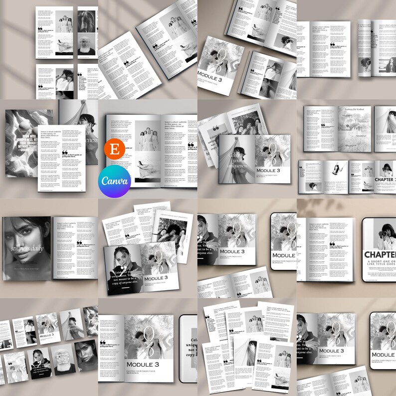 May include: A collection of open magazines and loose pages, all in black and white. The pages feature images of people and text. The text "MODULE 3" appears on several pages, along with the Canva logo and the words "CHAPTER" and "smiling daily".