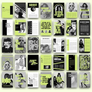 以下が含まれることがあります： モダンなデザインの雑誌の表紙のコレクション。表紙は、黒、白、ライムグリーンの配色で、大胆なタイポグラフィと女性の画像が特徴です。コンテンツには引用と記事が含まれています。