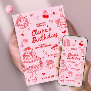 Coquette Birthday Invitation Template: Hand-Drawn Doodles (Canva Editable, Digital Download)