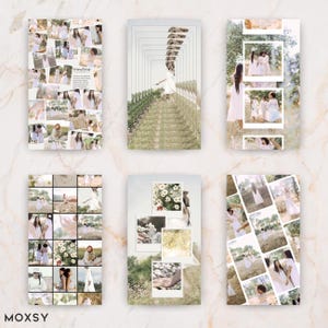 May include: A collection of six vertical photo collages. Each collage features multiple images of people in white dresses, with natural backgrounds. The collages have a light, airy aesthetic, with the word "MOXSY" at the bottom left.