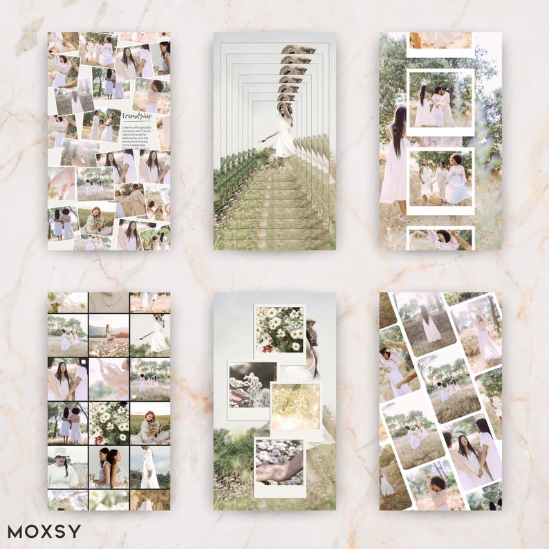 May include: A collection of six vertical photo collages. Each collage features multiple images of people in white dresses, with natural backgrounds. The collages have a light, airy aesthetic, with the word "MOXSY" at the bottom left.