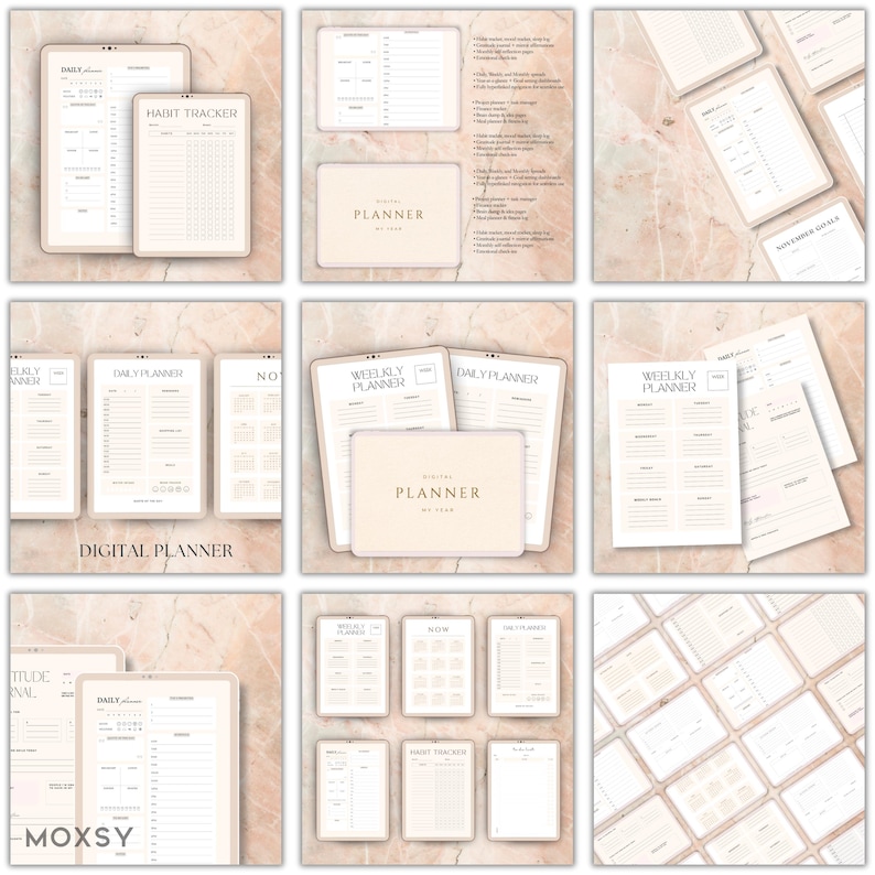 May include: A collection of digital planners and habit trackers in a neutral color palette. The layouts include daily, weekly, and monthly planning pages, with the text "PLANNER BY YEAR" and "DIGITAL PLANNER" visible. The overall theme is organization and productivity.