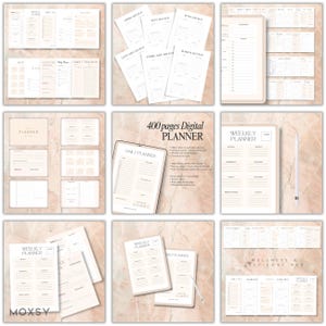 May include: A collection of digital planner pages in a neutral color palette. The image includes a tablet displaying a daily planner, weekly planner pages, goal-setting sheets, and habit trackers. Text includes "400 pages Digital Planner" and "Wellness & Self-Love Hub."