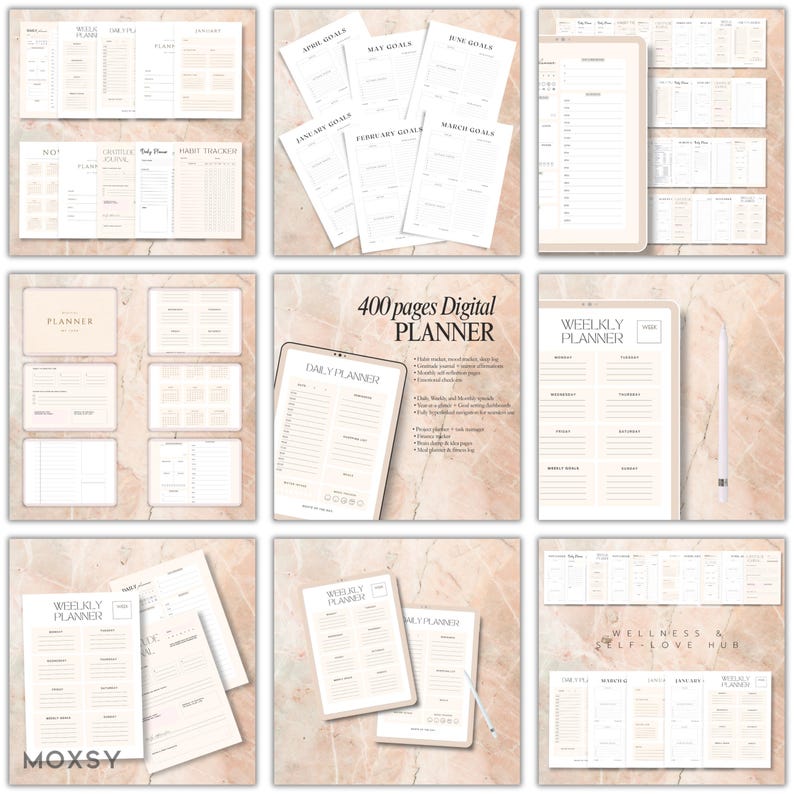 May include: A collection of digital planner pages in a neutral color palette. The image includes a tablet displaying a daily planner, weekly planner pages, goal-setting sheets, and habit trackers. Text includes "400 pages Digital Planner" and "Wellness & Self-Love Hub."