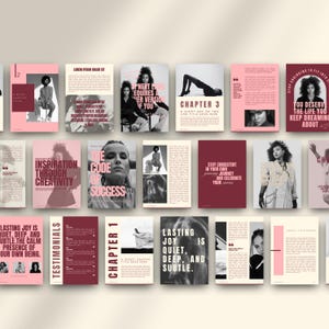 Może przedstawiać: Kolekcja magazyn&oacute;w z r&oacute;żowymi, białymi i bordowymi okładkami. Każdy magazyn ma inny design, w tym tekst, zdjęcia ludzi i cytaty. Magazyny są ułożone w rzędach.