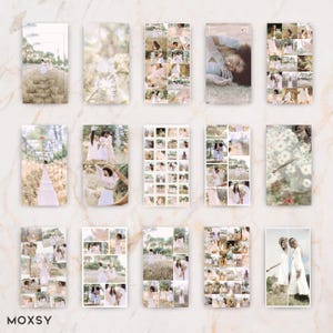 May include: A collection of vertical photo collages with a soft, muted color palette. The images feature people in white dresses, posing in natural outdoor settings. The word "MOXSY" is visible at the bottom left.