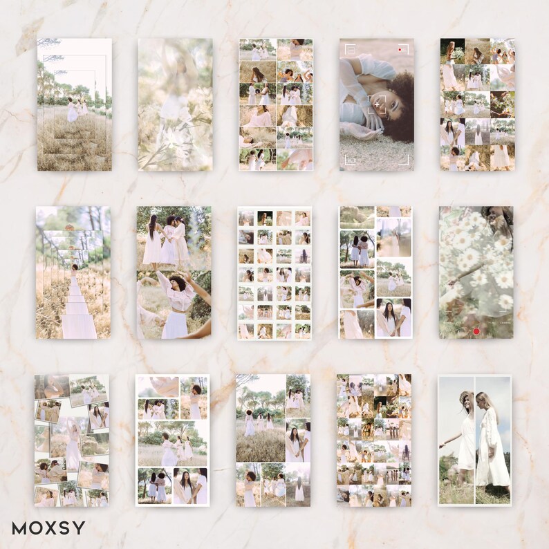 May include: A collection of vertical photo collages with a soft, muted color palette. The images feature people in white dresses, posing in natural outdoor settings. The word "MOXSY" is visible at the bottom left.