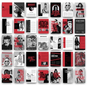 Könnte beinhalten: Eine Sammlung von Magazinseiten mit modernem Design. Die Seiten weisen ein Schwarz-, Weiß- und Rot-Farbschema mit fetter Typografie und Bildern von Frauen auf. Der Text enthält Sätze wie "The Code of Success" und "Embrace the World."