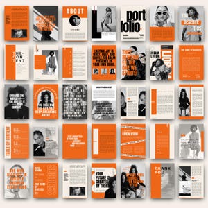 May include: A series of orange and white magazine spreads with diverse designs and text. The pages include images of people, alongside headlines like "About", "Portfolio", and "Success". The overall design is modern, with an emphasis on typography and imagery.