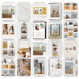 Op de afbeelding: Een collage van foto's met een strandthema met een neutraal kleurenpalet. De afbeeldingen tonen mensen in badkleding, citroenen en parasols. Sommige foto's hebben handgeschreven tekst. De algehele esthetiek is licht en luchtig, wat een gevoel van zomer en ontspanning oproept.