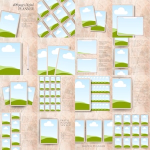 May include: A digital planner mockup with multiple layouts, featuring a landscape design of a blue sky, white cloud, and green hills. The text "400 pages Digital Planner" is visible, along with other text. The image is arranged in a grid.