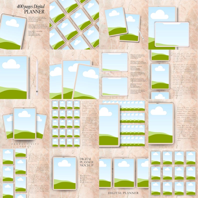 May include: A digital planner mockup with multiple layouts, featuring a landscape design of a blue sky, white cloud, and green hills. The text "400 pages Digital Planner" is visible, along with other text. The image is arranged in a grid.