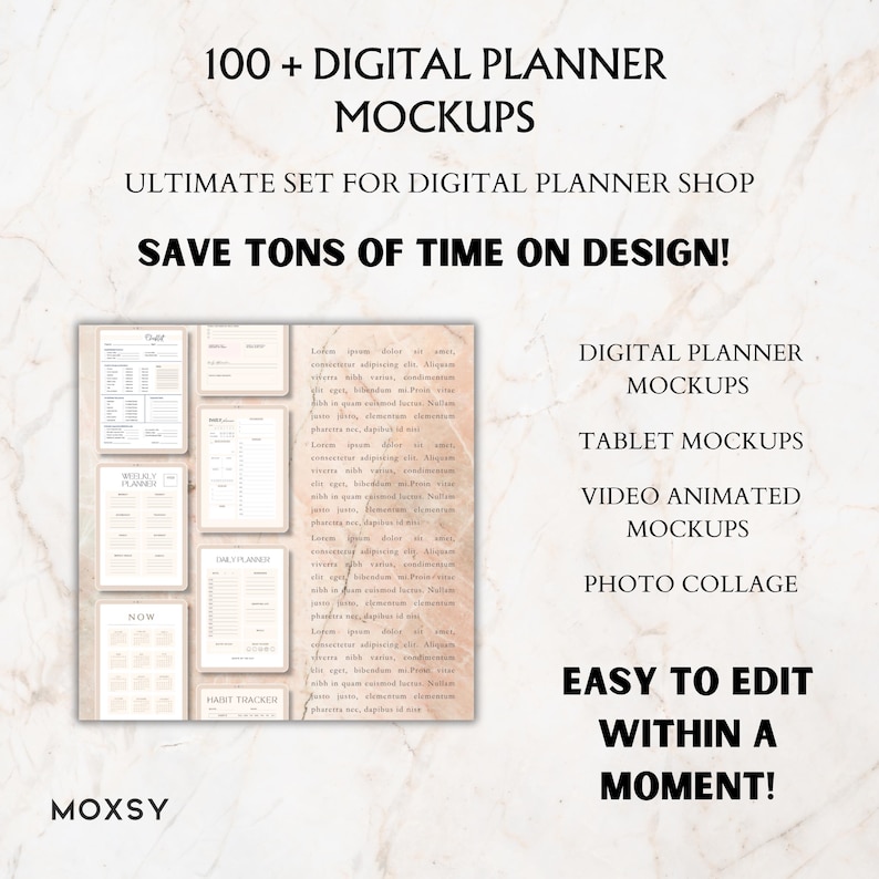 May include: Digital planner mockups with the text "100 + DIGITAL PLANNER MOCKUPS" and "SAVE TONS OF TIME ON DESIGN!". The image includes various planner pages and the words "DIGITAL PLANNER MOCKUPS", "TABLET MOCKUPS", "VIDEO ANIMATED MOCKUPS", and "PHOTO COLLAGE".