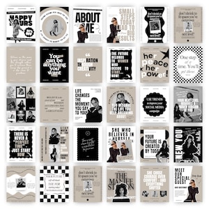 May include: A collection of motivational posters with various text designs in black and white, with some featuring images of people. The posters have a neutral color palette and include phrases like "Happy Yours" and "About Me."