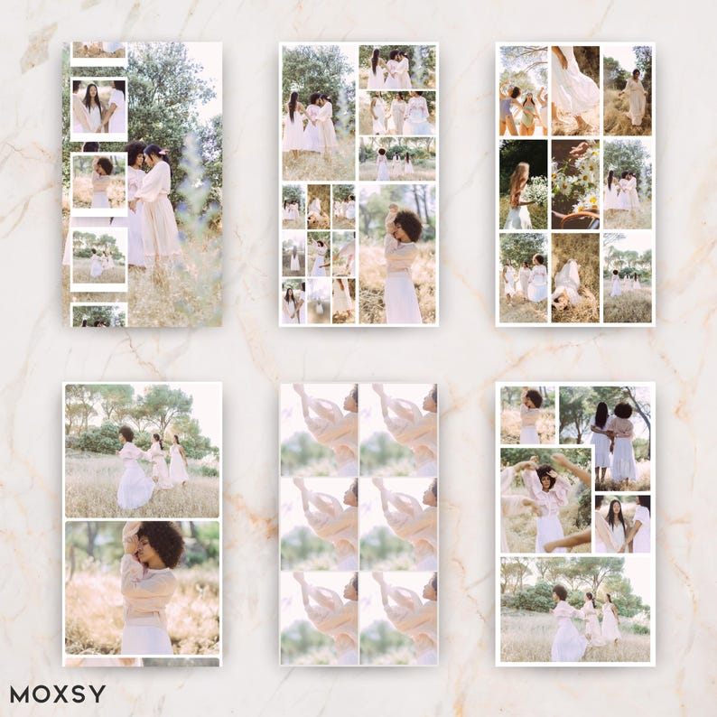 May include: A collage of six images featuring people in white and cream-colored outfits in a natural outdoor setting. The images are arranged in a grid-like pattern, with some overlapping. The word "MOXSY" is at the bottom left.