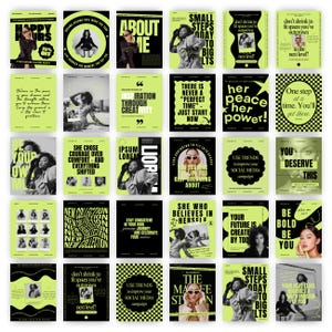 May include: A collection of posters with bold text and images. The posters feature phrases like "Happy Hours," "About Me," and "Small Steps Today to Big Lts." The color scheme is black and neon green.