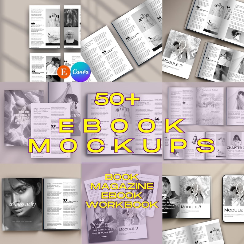May include: A collection of open books and mockups, featuring the text "50+ Ebook Mockups" in yellow. The pages display grayscale images and text, with the Canva logo visible. The words "Book, Magazine, Ebook, Workbook" are also present.