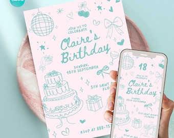 Modèle d'invitation d'anniversaire Coquette : doodle dessiné à la main (toile, téléchargement numérique, 5 x 7 po. et version mobile)