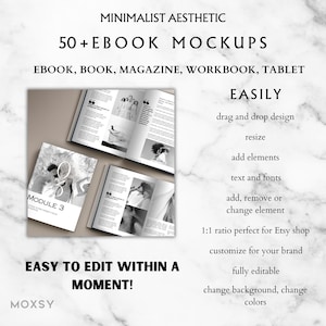 May include: A minimalist aesthetic mockup featuring a stack of open books and a Module 3 booklet. The image includes text that reads "50+ Ebook Mockups" and "Easy to edit within a moment!" with features like drag and drop design.