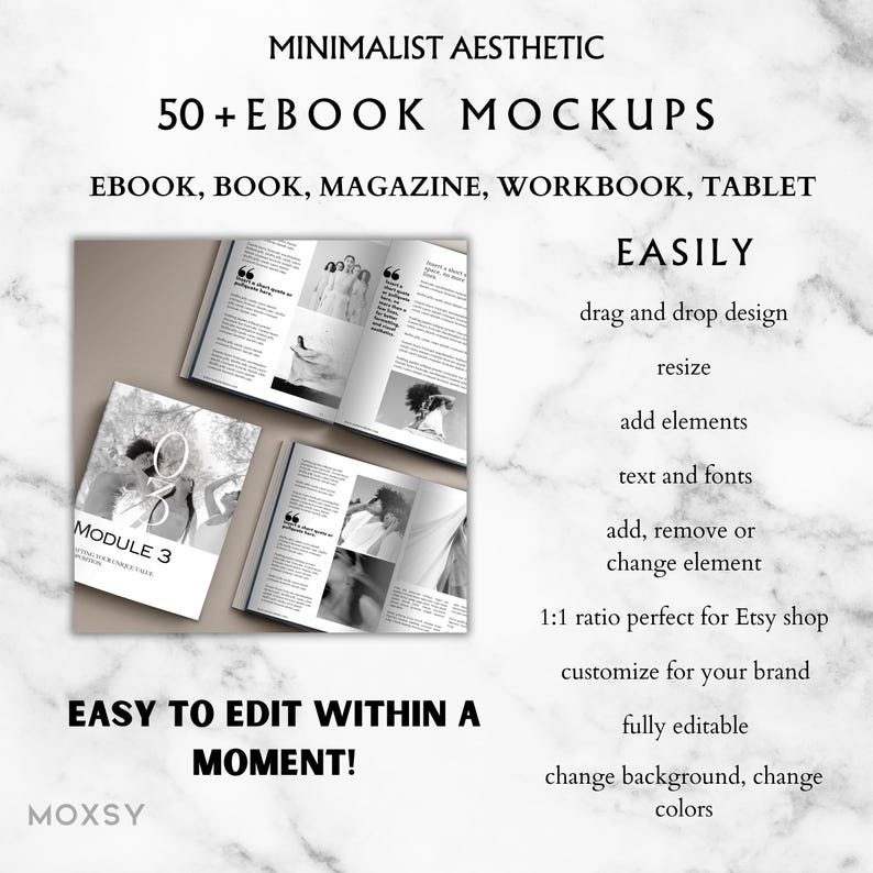 May include: A minimalist aesthetic mockup featuring a stack of open books and a Module 3 booklet. The image includes text that reads "50+ Ebook Mockups" and "Easy to edit within a moment!" with features like drag and drop design.