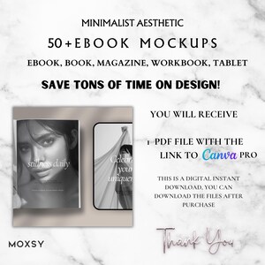 May include: A minimalist aesthetic digital product mockup featuring an ebook and a tablet. The ebook cover reads "stillness daily." The tablet displays "Celebrate your uniqueness." Text includes "50+ Ebook Mockups" and "Save tons of time on design!"