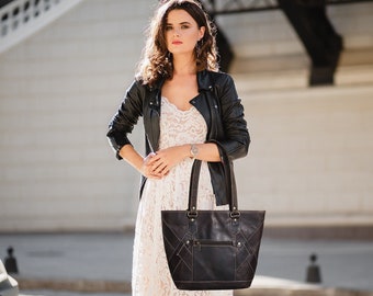Handmade Full Grain Leather Tote Bag: Large Zipper Work Bag