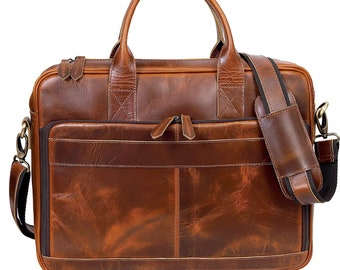 Full Grain Leather Laptop Briefcase, Personalized Messenger Bag, Handmade Office School Satchel, Crossbody Shoulder Laptop Bag Book Bag Gift