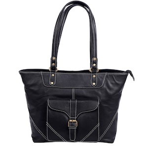Black Leather Tote Bag – Handmade Shoulder Bag for Women | Minimalist Shopping Tote | Work, School & Travel Leather Bag