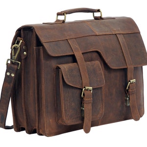 Buffalo Leather Messenger Bag – Handmade Rustic Brown Briefcase, 17-Inch Laptop Work Bag for Men, Full Grain Office Satchel