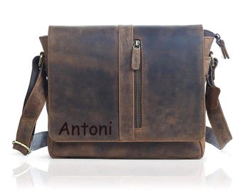 Personalized Messenger Bag Genuine Leather Laptop Satchel for Men & Women, Work Briefcase, College Shoulder Travel Bag Fathers Day Gift