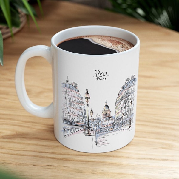 Ville et rues de Paris, Mug en céramique paysage urbain français dessiné à la main, 11oz, souvenir de Paris, cadeau France, Mug de voyage Paris, mug boutique