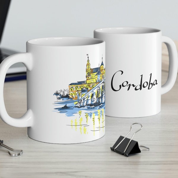 Cordoba cityscape, Spain - hand drawn spanish skyline on white ceramic mug, 11oz - souvenir mug, gift mug, travel mug from europe