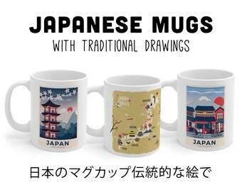 Japanese travel coffee mugs - 11oz white ceramic mugs with traditional drawings and map of Japan