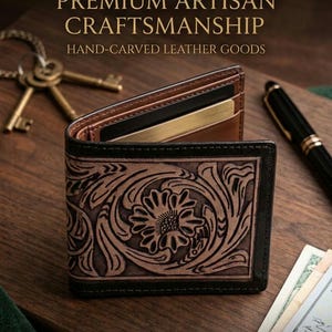 Puede incluir: Una cartera de cuero marrón y negro con un diseño floral. La cartera está abierta, revelando ranuras para tarjetas. El texto "PREMIUM ARTISAN CRAFTSMANSHIP HAND-CARVED LEATHER GOODS" y "THE LEONINE COLLECTION - LIMITED EDITION" son visibles.