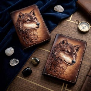 Könnte beinhalten: Zwei braune Ledergeldbörsen mit detaillierten Wolfsporträts. Die Geldbörsen sind rechteckig mit genähten Kanten. Die Wolfsporträts sind in Braun- und Beigetönen gehalten, mit detailliertem Fell und Gesichtszügen. Die Geldbörsen liegen auf einer Holzoberfläche.