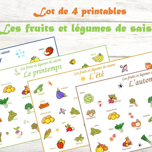 Les fruits et légumes de saison printable, Lot 4 affiches à télécharger et imprimer, Apprendre à manger de saison, Set de 4 déco cuisine