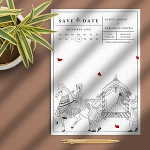 May include: Save the date card with a black and white illustration of a wedding procession. The card includes the names "KUSHIL AMBANI & PARINEETI CHOPRA" and the date "DECEMBER 20XX".