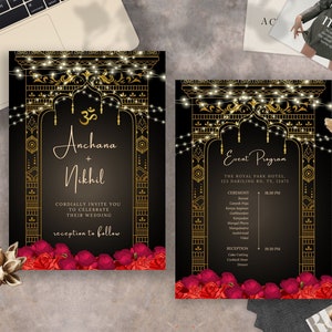 May include: A black and gold wedding invitation with a decorative archway design. The invitation includes the names Anchana and Nikhil, the date and time of the ceremony, and the location of the event. The invitation also includes a program for the wedding events.