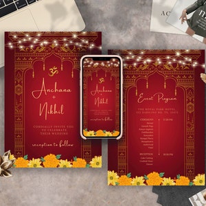 May include: A red and gold wedding invitation with a traditional Indian design. The invitation features a decorative archway with fairy lights, floral accents, and the names "Anchana + Nikhil". The text "Cordially invite you to celebrate their wedding" is also included. The invitation is accompanied by a smaller card with the event program and details.