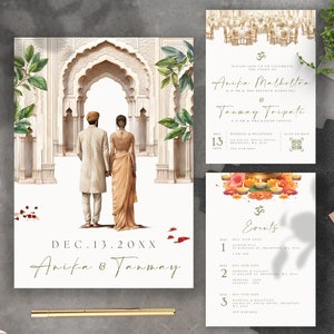 May include: A wedding invitation suite featuring a watercolour illustration of a couple in traditional Indian attire standing before an ornate archway. The invitation includes the couple's names, "Anifa Malhotra & Tanmay Tripati", the date "DEC. 13. 20XX", and the text "Please join us to celebrate the union of". The invitation also includes a QR code and a list of events.