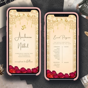 May include: A digital wedding invitation with a gold and peach background. The invitation features an ornate archway with a gold Om symbol at the top. The text reads "Anchana + Nikhil" and "Cordially invite you to celebrate their wedding reception to follow". The bottom of the invitation features red roses.