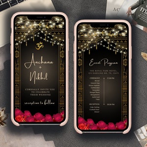 May include: A digital wedding invitation with a gold and black design. The invitation features a traditional Indian archway with string lights and the couple's names, Anchana and Nikhil. The invitation also includes the event program with the time and location of the ceremony and reception.