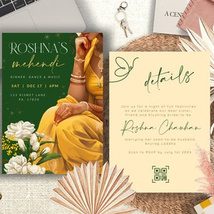 May include: Two invitation cards for a Mehndi celebration. One card is green with gold text, including the name "Roshna's Mehendi", date, time, and location. The other card is cream-colored with details about the event and a QR code.
