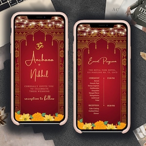 May include: A digital wedding invitation on a smartphone screen with a red background and gold accents. The invitation features the names "Anchana + Nikhil" and the text "reception to follow". The event program is listed on the right side of the screen, including the time and location of the ceremony and reception.