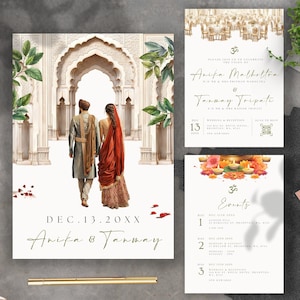May include: A wedding invitation with a watercolor illustration of a couple in traditional Indian clothing walking through an ornate archway. The invitation includes the couple's names, "Anifa & Tanmay", and the wedding date, "DEC. 13. 20XX".