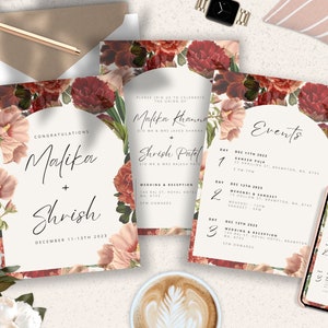 May include: Three floral wedding invitation cards with a white background and black text. The cards feature a floral design with red, pink, and green flowers. The text on the cards includes the names "Malika" and "Shrish", the date "December 11-13th 2023", and the events for the wedding weekend.