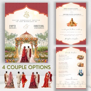 May include: A wedding invitation suite featuring a watercolour illustration of a couple standing beneath a floral archway. The invitation includes the names Dipti Khalra and Hrithik Chandran, the wedding date, and the venue. The invitation also includes a timeline of events for the wedding weekend.