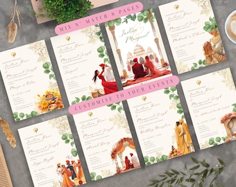 Può includere: Otto diversi biglietti di invito di nozze con illustrazioni ad acquerello di tradizioni di matrimonio indiane. I biglietti presentano i nomi della coppia, "Jasleen & Manpreet", e i nomi degli eventi, come "Sangeet", "Mehendi & Haldi", "Ricevimento di nozze" e "Anant Kary".