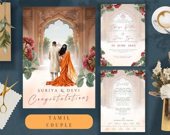 May include: A wedding invitation suite with a floral design. The invitation features a couple in traditional Indian attire standing in front of an ornate archway. The text on the invitation reads "Sariga Pillai & Deri Iger" and "22 June 20XX". The second card features a list of events and a wedding day timeline.