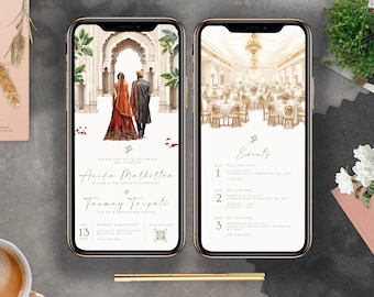 May include: Two wedding invitations on a smartphone screen. The first image shows a couple walking through an ornate archway. The second image shows a watercolor illustration of a ballroom with tables and chairs. The text on the invitations reads "Please join us to celebrate the union of Anika Malhotra & Tanmay Tripati" and lists the dates and times of the wedding events.